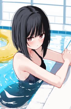 1girl absurdres black_hair black_one-piece_swimsuit blunt_bangs blush bob_cut_girl_(memekko) breasts brown_eyes closed_mouth commentary_request from_above highres innertube looking_at_viewer memekko one-piece_swimsuit original partially_submerged poolside solo swim_ring swimsuit water