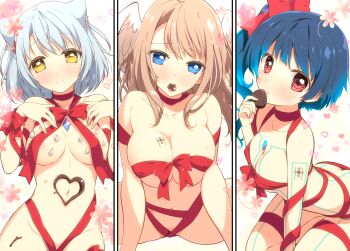 3girls animal_ear_fluff animal_ears arm_tattoo blue_eyes blue_hair blush body_markings braid breast_tattoo breasts brown_hair cat_ears cat_girl chest_jewel chocolate chocolate_on_body commentary_request eunie_(xenoblade) feathered_wings food food_on_body grey_hair head_wings highres holding holding_chocolate holding_food large_breasts medium_breasts medium_hair mio_(xenoblade) multiple_girls naked_ribbon navel parted_lips red_eyes red_ribbon ribbon sena_(xenoblade) short_hair side_ponytail tattoo watsuki_ayamo white_wings wings xenoblade_chronicles_(series) xenoblade_chronicles_3 yellow_eyes