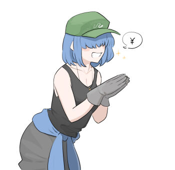 Rule 34 | 1girl, baseball cap, black tank top, blue hair, breasts, cleavage, clothes around waist, commentary, cowboy shot, english commentary, gloves, green hat, grey gloves, grey pants, grin, hair over eyes, hat, highres, jacket, jacket around waist, jewelry, kappa mob (touhou), key, key necklace, leaning forward, mata (matasoup), medium breasts, necklace, own hands together, pants, short hair, simple background, smile, solo, sparkle, tank top, touhou, white background, yen sign