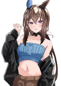 1girl admire_vega_(umamusume) alumina_(kennmeidesu) animal_ears black_choker black_jacket blue_tube_top blush breasts brown_hair brown_shorts choker commentary_request ear_covers hair_between_eyes highres horse_ears horse_girl jacket long_hair looking_at_viewer midriff navel open_clothes open_jacket open_mouth ponytail purple_eyes shorts simple_background single_ear_cover smile solo strapless tube_top umamusume white_background