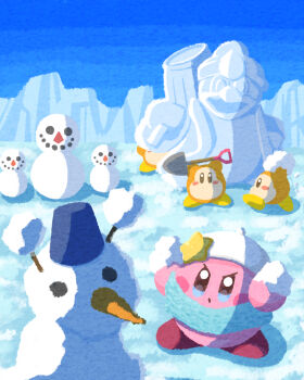 Rule 34 | blue eyes, blue scarf, blue sky, blush stickers, carrot, commentary request, day, hat, highres, king dedede, kirby, kirby (series), miclot, nintendo, outdoors, scarf, sky, snow, snowman, statue, v-shaped eyes, waddle dee, white hat, winter