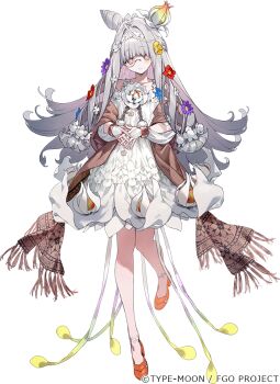 Rule 34 | 1girl, blue flower, blush, brown scarf, bukurote, collarbone, commentary request, cone hair bun, copyright notice, dress, fate/grand order, fate (series), flora (fate), flower, green eyes, grey hair, hair bun, hair flower, hair ornament, long hair, looking at viewer, official art, orange shoes, purple flower, red flower, scarf, shoes, solo, symbol-shaped pupils, white dress, yellow flower