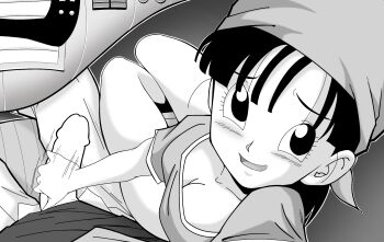 1boy 1girl age_difference aged_up bandana blush breasts dragon_ball dragon_ball_gt erection handjob hetero highres looking_at_viewer medium_breasts monochrome motion_lines pan_(dragon_ball) penis pov shirt sitting spaceship toei_company trunks_(dragon_ball)