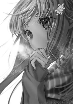 1girl absurdres blurry_edges commentary_request eyelashes floating_hair from_side greyscale halcho hand_up highres long_hair long_sleeves looking_ahead monochrome no_nose original parted_lips scarf signature simple_background sleeves_past_wrists snowflakes solo striped_clothes striped_scarf upper_body white_background wispy_bangs