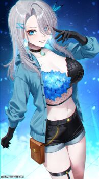 1girl alternate_costume black_gloves black_shorts blue_eyes blue_jacket butterfly_hair_ornament fishnet_top fishnets gloves grey_hair hair_ornament hair_over_one_eye highres indie_virtual_youtuber jacket kevin_tower long_hair monarch_(amalee) navel parted_lips shorts thigh_strap tile_floor tiles two-tone_bra virtual_youtuber