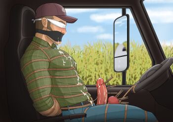 1boy bdsm blindfold bondage bound bound_penis boundartwork chair clothes_pin cum cum_on_body damo erection hat highres large_penis male_focus mask motor_vehicle mouth_mask open_clothes open_fly penis road rope shibari tied_to_chair truck