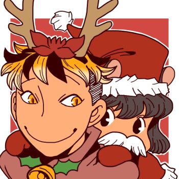 2girls alternate_costume animal_ears bell black_eyes black_hair blonde_hair carrying closed_mouth commentary_request fake_antlers fur-trimmed_headwear fur_trim grey_hair hat looking_at_another mittens mouse_ears mouse_girl multicolored_hair multiple_girls nazrin onikobe_rin orange_eyes piggyback red_background red_hat red_mittens santa_hat short_hair smile solo streaked_hair toramaru_shou touhou two-tone_background undercut upper_body very_short_hair