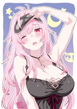 1girl ;o absurdres arm_up bare_arms black_choker black_nightgown blush breasts choker cleavage commentary earrings empire_waist fang highres hololive hololive_english jewelry kamiya_maneki lace-trimmed_nightgown large_breasts long_hair looking_at_viewer mask mask_lift mask_on_head messy_hair mori_calliope mori_calliope_(sleepwear) nightgown official_alternate_costume official_alternate_hairstyle one_eye_closed open_mouth pendant_choker pink_eyes pink_hair sidelocks skin_fang skull_earrings skull_pendant sleep_mask sleepwear solo upper_body virtual_youtuber