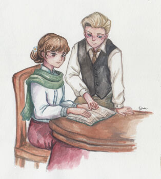 1boy 1girl 2024 absurdres anne_sallow blonde_hair blue_eyes book bow bowtie brown_eyes brown_hair chair commentary english_commentary flower green_scarf hair_bun hair_flower hair_ornament highres hogwarts_legacy holding holding_book ominis_gaunt painting_(medium) red_skirt scarf simple_background skirt smile syaolaurant95 table traditional_media warner_bros. watercolor_(medium) white_background wizarding_world