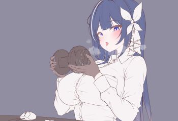 1girl absurdres asmr binaural_microphone blue_eyes blush breasts brown_gloves button_gap commentary computer_mouse double-parted_bangs english_commentary flat_color gloves grey_background hair_ribbon heavy_breathing highres holding holding_microphone indie_virtual_youtuber large_breasts long_hair long_sleeves looking_at_viewer microphone mimyo_(vtuber) open_mouth rapid17 ribbon saliva saliva_trail shirt simple_background solo taut_clothes taut_shirt textless_version tongue tongue_out upper_body virtual_youtuber white_ribbon white_shirt