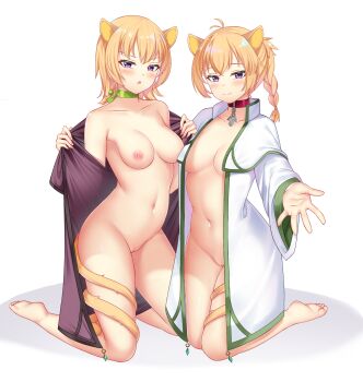 2girls animal_ears barefoot blush braid breasts cat_ears cat_girl cat_tail coat collar commission commissioner_upload fire_emblem fire_emblem:_path_of_radiance fire_emblem:_radiant_dawn green_collar green_trim highres kneeling laguz_(fire_emblem) lethe_(fire_emblem) looking_at_viewer lyre_(fire_emblem) multiple_girls nabunabu navel nintendo open_clothes open_coat orange_hair orange_tail pink_collar purple_eyes pussy reaching reaching_towards_viewer siblings sisters tail tail_wrap twins white_background