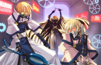 3boys arm_belt belt black_gloves blank_stare blonde_hair cape gears gloves glowing glowing_eyes guilty_gear holding holding_screwdriver holding_sword holding_weapon humanoid_robot looking_at_viewer looking_to_the_side m.u.g.e.n metal_plate metal_skin multiple_belts multiple_boys multiple_persona robo-ky robot screwdriver sword warlock_(nova) weapon white_cape wrench