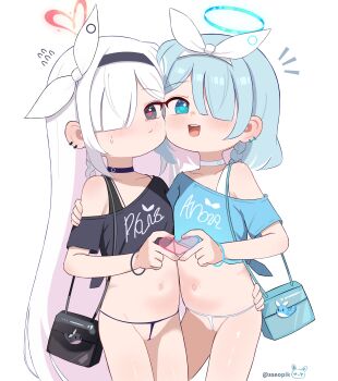 2girls absurdres arona_(blue_archive) bag belly-to-belly blue_archive blue_eyes blue_hair blush braid choker ear_piercing flat_chest grey_eyes grey_hair groin hair_over_one_eye hair_ribbon hairband halo heart heart_hands highres loli long_hair looking_at_viewer medium_hair midriff multiple_girls navel piercing plana_(blue_archive) ribbon shirt simple_background smile sseopik stomach thong torso_grab underwear white_background