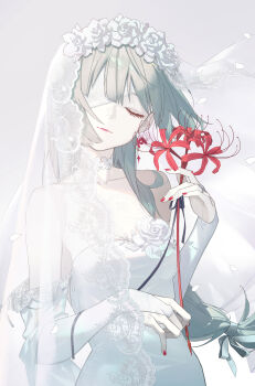1girl absurdres alternate_costume alternate_hairstyle bare_shoulders breasts bridal_veil closed_eyes closed_mouth collarbone commentary_request dress facing_viewer flower grey_background grey_hair highres holding holding_flower long_hair medium_breasts nail_polish one_eye_covered phrolova_(wuthering_waves) red_nails reirz rose simple_background solo spider_lily upper_body veil wedding_dress white_dress white_flower white_petals white_rose white_veil wuthering_waves