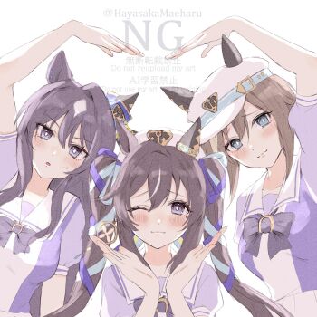 Rule 34 | 3girls, :3, animal ears, beret, blue eyes, blue hair, blue ribbon, blush, bow, bowtie, breasts, brown hair, cheval grand (umamusume), ear covers, ears through headwear, hair between eyes, hair ornament, hair ribbon, hanasaka (9769z), hat, hat belt, heart arms, highres, horse ears, horse girl, long hair, looking at viewer, medium breasts, mole, mole under eye, multicolored hair, multiple girls, one eye closed, parted lips, peaked cap, puffy short sleeves, puffy sleeves, purple bow, purple bowtie, purple eyes, purple shirt, ribbon, sailor collar, sailor shirt, school uniform, shirt, short sleeves, siblings, simple background, single ear cover, sisters, skirt, smile, streaked hair, tracen school uniform, twintails, umamusume, v sisters, verxina (umamusume), vivlos (umamusume), white background, white hair, white hat, white skirt