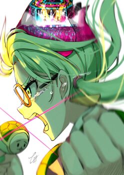 1girl blurry blurry_foreground commentary_request crying crying_with_eyes_open dandadan floating_hair from_side glasses green_eyes green_hair highres holding holding_microphone idol kawabanga_mai long_hair lull_1428 microphone music open_mouth profile sawaki_rin screaming signature singing solo stage stage_lights tears twintails upper_body white_background