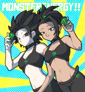 2girls absurdres black_eyes black_hair black_pants black_sports_bra breasts can caulifla cleavage commentary_request dark-skinned_female dark_skin dragon_ball dragon_ball_super earrings energy_drink green_lips green_nails high_ponytail highres hip_bones holding holding_can jewelry kale_(dragon_ball) lipstick lowleg lowleg_pants makeup medium_breasts midriff monster_energy multiple_girls navel pale_skin pants ponytail reu_(amaharaleu) sports_bra