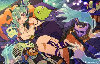 1girl asymmetrical_legwear bandaid bandaid_on_knee bandaid_on_leg bare_shoulders blush_stickers candle candy candy_cane closed_mouth commentary detached_sleeves double-parted_bangs food ghost_hands green_hair hair_between_eyes halloween highres horns long_sleeves looking_at_viewer lying notamaru_2 on_side original pillow pink_shoes pointy_ears purple_skirt purple_socks purple_thighhighs red_eyes shirt shoes short_hair single_sock single_thighhigh skeleton skirt skull sleeveless sleeveless_shirt socks solo thighhighs tongue tongue_out twitter_username uneven_legwear white_shirt white_sleeves
