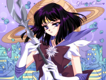 1990s_(style) 1girl artist_name back_bow bishoujo_senshi_sailor_moon black_hair bow bowtie choker circlet cityscape elbow_gloves gloves looking_at_viewer magical_girl mroczniak_(gloomy_chuu) outer_senshi planet purple_choker purple_eyes purple_sailor_collar red_bow red_bowtie retro_artstyle sailor_collar sailor_saturn sailor_senshi sailor_senshi_uniform silence_glaive solo star_(symbol) star_choker tomoe_hotaru white_gloves