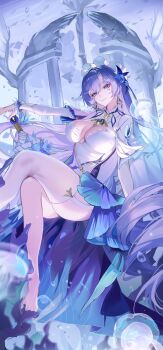 Rule 34 | 1girl, absurdres, air bubble, blue flower, blue hair, breasts, bubble, cantarella (wuthering waves), cleavage, closed mouth, crossed legs, dress, facial mark, flower, garter straps, hair flower, hair ornament, highres, long hair, looking at viewer, mark under both eyes, single bare foot, single thighhigh, sitting, smile, thighhighs, totomong, white dress, white headdress, white thighhighs, wuthering waves