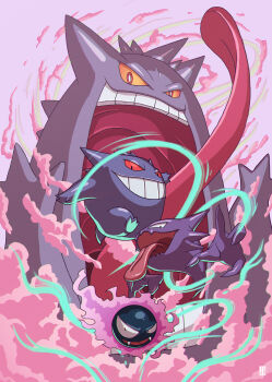 1other artist_name aura black_eyes colored_sclera dynamax energy evolutionary_line fangs full_body gastly gen_1_pokemon gentar giant haunter jackson_caspersz nintendo open_mouth pokemon purple_background red_sclera smile smoke teeth tongue tongue_out upper_teeth_only yellow_sclera