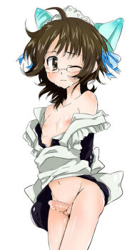 1boy bad_id blush bottomless crossdressing crossdressing_(mtf) cum cum_on_body facial glasses male_focus nakamura_sandayo navel nipples penis ribbon shota simple_background solo trap