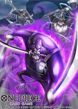 armor aura axe commentary_request copyright_name gorilla holding holding_axe holding_polearm holding_sword holding_weapon humandrill looking_at_viewer official_art one_piece one_piece_card_game polearm sword weapon weapon_in_mouth yuuri_(fukuroudou)