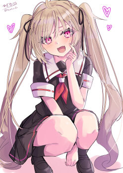 1girl absurdres black_serafuku black_shoes blush breasts brown_eyes brown_hair hair_flaps hair_ornament hair_ribbon heart highres hizaka kantai_collection long_hair looking_at_viewer murasame_(kancolle) open_mouth red_eyes ribbon school_uniform serafuku shoes signature skirt smile solo squatting twintails twitter_username white_background