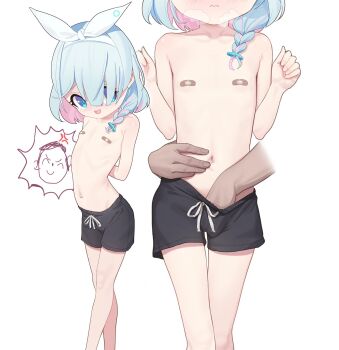 1boy 1girl arona_(blue_archive) bandaid bandaids_on_nipples black_male_swimwear black_swim_trunks blue_archive blue_borscht blue_hair braid crossdressing crossdressing_(ftm) dark-skinned_male dark_skin doodle_sensei_(blue_archive) drawstring flat_chest hair_over_one_eye highres loli male_swimwear male_swimwear_challenge molestation multicolored_hair navel pasties sensei_(blue_archive) sexual_harassment short_hair solo_focus spread_navel swim_trunks swimsuit topless_female white_background