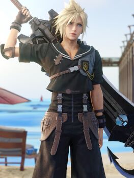 1boy 3d armor beach beach_umbrella black_romper black_sailor_collar black_shirt blonde_hair blue_eyes blurry blurry_background brown_gloves cloud_strife cloud_strife_(maritime_sailor) cowboy_shot crop_top elbow_pads final_fantasy final_fantasy_vii final_fantasy_vii:_ever_crisis fingerless_gloves gloves hair_between_eyes highres holding holding_sword holding_weapon leather_armor light_smile male_focus official_alternate_costume romper sailor_collar shirt short_hair single_elbow_pad single_fingerless_glove single_shoulder_pad solo spiked_hair suspenders sword sword_on_back trivia3d umbrella weapon weapon_on_back