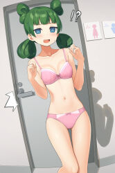 Rule 34 | !?, 1girl, ^^^, apollo (hu maple), blue eyes, blush, bow, bow bra, bow panties, bra, breasts, commentary request, commission, crotch seam, door, dutch angle, fang, green hair, highres, indoors, looking at viewer, medium hair, navel, open mouth, original, panties, pink bra, pink panties, quad tails, shadow, skin fang, small breasts, smile, solo, standing, sweatdrop, thigh gap, underwear, underwear only