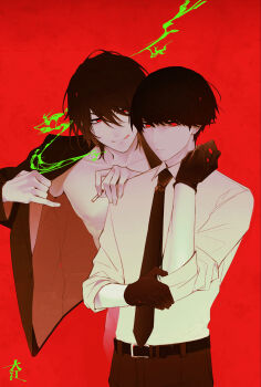 Rule 34 | 2boys, :p, absurdres, bags under eyes, belt, black gloves, black hair, black necktie, black pants, cigarette, collared shirt, colored smoke, daiba shizuma, gloves, highres, holding, holding cigarette, jacket, kurosawa (adelta), looking at another, looking at viewer, male focus, multiple boys, necktie, nipples, no shirt, official art, ooe (game), oosaki (ooe), pants, pectorals, red background, red eyes, shirt, smoke, tongue, tongue out, yaoi