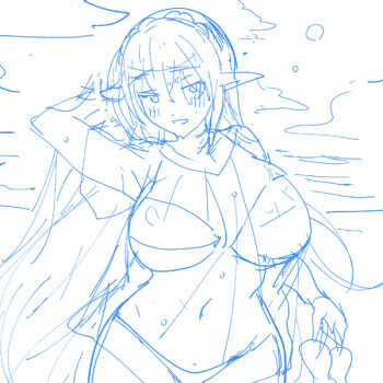 1girl arm_behind_head beach bikini braid covered_erect_nipples crossed_bangs crown_braid elf light_blush light_smile long_hair ninoko ocean original pointy_ears see-through_clothes see-through_shirt shirt sketch sun swimsuit sylpha_(ninoko) wet wet_clothes wet_shirt