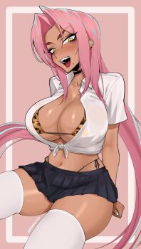 1girl animal_print aqua_hair aqua_nails arms_behind_back black_choker black_eyeshadow black_skirt blush border breasts choker cleavage collarbone collared_shirt commentary cowboy_shot ear_piercing earclip english_commentary eyelashes eyeshadow gyaru highres ingrid_(taimanin_murasaki) large_breasts leopard_print leopard_print_bra long_hair looking_down makeup midriff mole mole_under_mouth multicolored_hair navel nose oomartm open_mouth outside_border piercing pink_background pink_hair pleated_skirt print_bra purple_lips shirt simple_background sitting skirt solo taimanin_(series) taimanin_murasaki tan teeth thick_thighs thighhighs thighs tied_shirt tongue twitter_username two-tone_hair unbuttoned unbuttoned_shirt upper_teeth_only very_long_hair white_border white_shirt white_thighhighs yellow_eyes