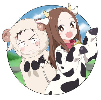 Rule 34 | 1girl, :d, animal costume, animal ears, animal print, bell, black eyes, blush stickers, bright pupils, brown eyes, brown hair, cow costume, cow ears, cow horns, cow print, cowbell, horns, ixy, karakai jouzu no takagi-san, long hair, looking at another, looking at viewer, neck bell, nishikata, open mouth, outside border, round image, sheep costume, smile, takagi-san, white pupils
