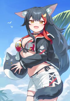 1girl absurdres animal_ear_fluff animal_ears bikini bikini_under_clothes black_hair black_jacket blue_sky blush breasts cleavage commentary_request deaver fox_ears front-tie_bikini_top front-tie_top hair_intakes highres hololive hood hood_down hooded_jacket jacket large_breasts leaf_print long_hair looking_at_viewer maple_leaf_print multicolored_hair navel official_alternate_costume official_alternate_hairstyle ookami_mio ookami_mio_(hololive_summer_2019) open_clothes open_jacket open_mouth palm_leaf palm_tree print_bikini red_hair shorts side-tie_bikini_bottom sky smile solo streaked_hair swimsuit tail tail_around_own_leg tail_wrap tree virtual_youtuber white_shorts wolf_ears wolf_girl wolf_tail yellow_eyes