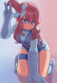 1girl blue_eyes breasts crawling gloves highres large_breasts long_hair long_sleeves looking_at_viewer nintendo pokanine pokemon pokemon_bw red_hair shoes skyla_(pokemon) teeth v