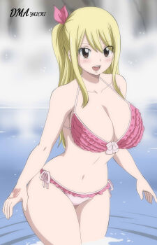 1girl artist_name bikini blonde_hair blush breasts cleavage collarbone dmayaichi fairy_tail front-tie_bikini_top front-tie_top hair_ribbon hand_tattoo highres large_breasts long_hair lucy_heartfilia navel open_mouth pink_bikini pink_ribbon ribbon side-tie_bikini_bottom sidelocks stomach swimsuit tattoo thighs wide_hips