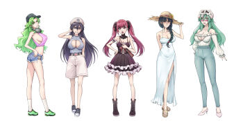 5girls absurdres bambietta_basterbine bare_shoulders black_hair bleach bleach:_sennen_kessen-hen braid braided_ponytail breasts candice_catnipp cleavage cleavage_cutout clothing_cutout collarbone dokugamine_riruka dress espada facial_mark frilled_dress frills full_body green_eyes green_hair hand_on_own_hip hat headphones headphones_around_neck high_heels highres knee_socks kurotsuchi_nemu large_breasts long_hair mask mask_on_head multiple_girls nelliel_tu_odelschwanck pants purple_eyes purple_hair quincy_(bleach) sakuya_(liao_kj) shoes shorts sideboob skull_on_head sternritter straw_hat twintails