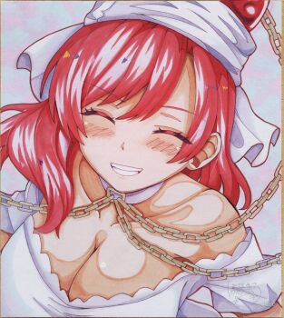 1girl breasts cleavage hair_ornament hecatia_lapislazuli hecatia_lapislazuli_(tropical_goddess) highres hoshi_tea_party long_hair looking_at_viewer planet_hair_ornament portrait red_eyes smile solo touhou touhou_lostword white_background