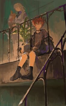 1boy 1girl absurdres age_difference aged_down alex_(degrees_of_lewdity) alex_(male)_(degrees_of_lewdity) ankle_boots baguette banister black_boots black_choker black_jacket black_shirt black_shorts blonde_hair boots braid bread child chinese_commentary choker closed_mouth commentary_request crossed_bangs degrees_of_lewdity double-parted_bangs expressionless food freckles from_below gem green_eyes green_gem hair_between_eyes hice_hideice highres holding holding_food holding_plant jacket jewelry light_frown long_hair long_skirt long_sleeves looking_at_viewer necklace open_clothes open_jacket pencil_skirt plaid_clothes plaid_shirt plant player_character_(degrees_of_lewdity) player_character_(female)_(degrees_of_lewdity) potted_plant railing red_hair shirt short_hair shorts side_braid sidelocks single_braid sitting skirt standing turtleneck unfinished white_jacket white_skirt yellow_eyes