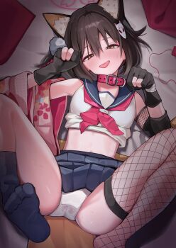 1girl animal_collar animal_ears bare_shoulders bed_sheet black_gloves black_hair blue_archive blush brown_eyes clothes_lift collar commentary_request female_pervert fishnet_thighhighs fishnets flashing fox_ears fox_hair_ornament gloves half-closed_eyes highres izuna_(blue_archive) legs_apart looking_at_viewer lying midriff midriff_peek navel neckerchief on_back on_bed open_mouth paid_reward_available panties partially_fingerless_gloves paw_pose pervert pink_collar pink_neckerchief pussy_juice remote_control_vibrator school_uniform bad_tag serafuku sex_toy shiriko single_sock single_thighhigh skirt skirt_lift sleeveless socks solo spread_legs thighhighs tilted_head tongue tongue_out underwear upskirt vibrator wet wet_clothes wet_panties white_panties white_serafuku