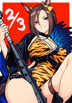 1girl absurdres air_groove_(umamusume) animal_ears blue_eyes border bow breasts cleavage club club_(weapon) commentary_request dress ear_bow fake_horns highres holding holding_club holding_weapon horns horse_ears horse_girl horse_tail knee_up large_breasts looking_at_viewer outside_border print_dress red_background reibun_(raven1119) short_hair smile solo spiked_club tail thick_thighs thigh_strap thighs umamusume weapon white_border yellow_dress yellow_horns