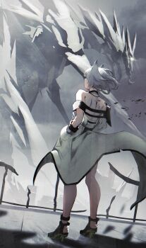 Rule 34 | 1girl, absurdres, animal ears, arknights, bare shoulders, black shoes, chromatic aberration, colored shoe soles, dress, film grain, full body, grey dress, hands in pockets, high heels, highres, kal&#039;tsit (arknights), light particles, material growth, mon3tr (arknights), mon3tr (summon) (arknights), off shoulder, oripathy lesion (arknights), outdoors, profile, see-through clothes, see-through sleeves, shikyou yoru, shoes, short hair, solo, standing, white hair, wind