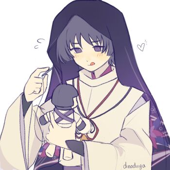 Rule 34 | 1boy, artist name, blush, bow, closed mouth, commentary, detached sleeves, dinodiiya, doll, english commentary, floral print, flower, flying sweatdrops, genshin impact, hair between eyes, hands up, heart, highres, long sleeves, looking down, mandarin collar, needle, parted bangs, pom pom (clothes), purple bow, purple eyes, purple flower, purple hair, purple shirt, red bow, scaramouche (genshin impact), scaramouche (kabukimono) (genshin impact), sewing, shirt, simple background, smile, solo, thread, tongue, tongue out, veil, vest, white background, white vest, wide sleeves