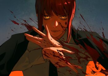 1girl black_coat black_necktie blood blood_on_face blood_spray chainsaw_man closed_mouth coat coat_on_shoulders commentary english_commentary grey_shirt highres looking_at_viewer makima_(chainsaw_man) necktie red_hair shirohakune shirt sidelocks solo yellow_eyes