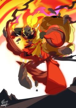 1girl absurdres alternate_design armarouge armor black_helmet breastplate clenched_hand clothed_pokemon colored_skin drop_shadow facing_viewer fire floating_armor flower flower_pin glowing glowing_eyes helmet high_contrast highres knee_up looking_at_viewer mixed-language_commentary nintendo offering_hand outdoors outstretched_arms pauldrons pleated_skirt pokemon pokemon_(creature) pokemon_focus purple_flower red_eyes red_skin red_skirt rock rubble shoulder_armor skirt smoke smoke_trail sufferay white_background yellow_armor