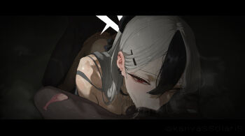 1girl 2boys :&gt;= black_hair blue_archive breasts canvassolaris cleavage condom dark-skinned_male dark_skin fellatio hair_between_eyes halo hetero highres kayoko_(blue_archive) letterboxed long_hair looking_at_viewer medium_breasts multicolored_hair multiple_boys oral penis pov red_hair sex sex_from_behind solo_focus two-tone_hair used_condom white_hair white_halo