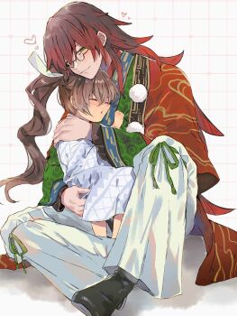 2boys aged_down brown_hair glasses gororoneko green_eyes high_ponytail highres hug japanese_clothes kimono kurama_(rune_factory) looking_at_viewer male_focus multiple_boys ponytail red_hair rune_factory rune_factory:_guardians_of_azuma subaru_(rune_factory)