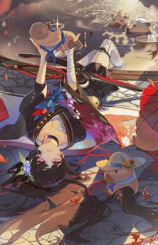 1girl absurdres alternate_costume bell black_choker black_hair black_kimono breasts chisa_(wuthering_waves) choker cleavage commentary flower hair_flower hair_ornament highres holding japanese_clothes kimono long_hair looking_at_viewer lying medium_breasts merah_drow mole mole_under_eye namipon_(wuthering_waves) on_back outstretched_arms parted_lips red_eyes solo sword thighhighs thighs very_long_hair weapon white_thighhighs wuthering_waves